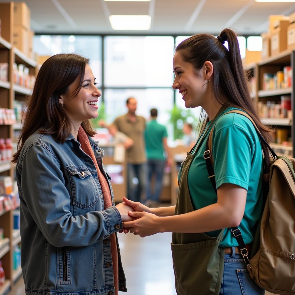 A person speaking with a food pantry volunteer