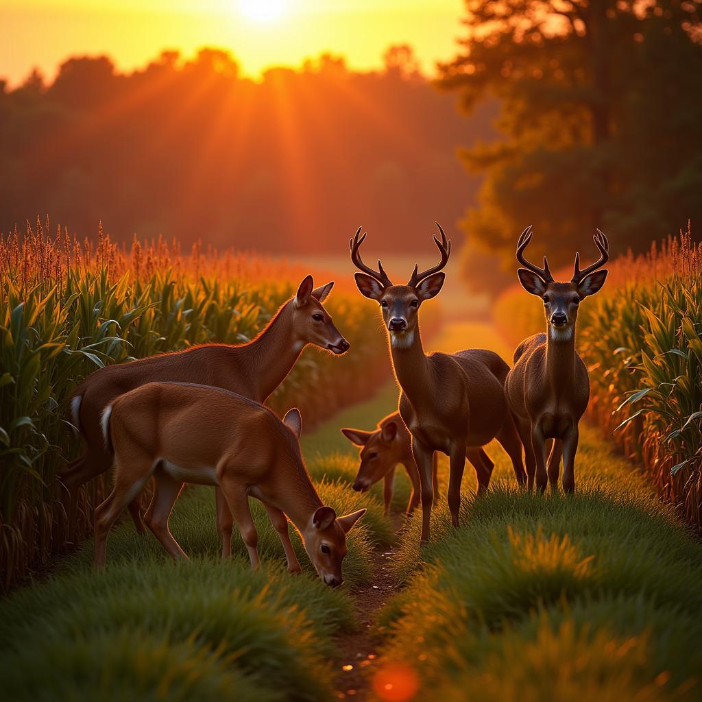 Deer feeding on a lush food plot corn stand