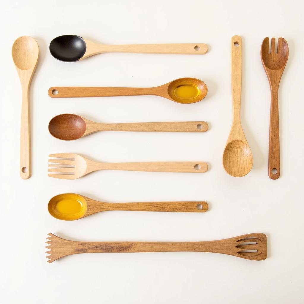 Various food-safe wood finishes applied to kitchen utensils