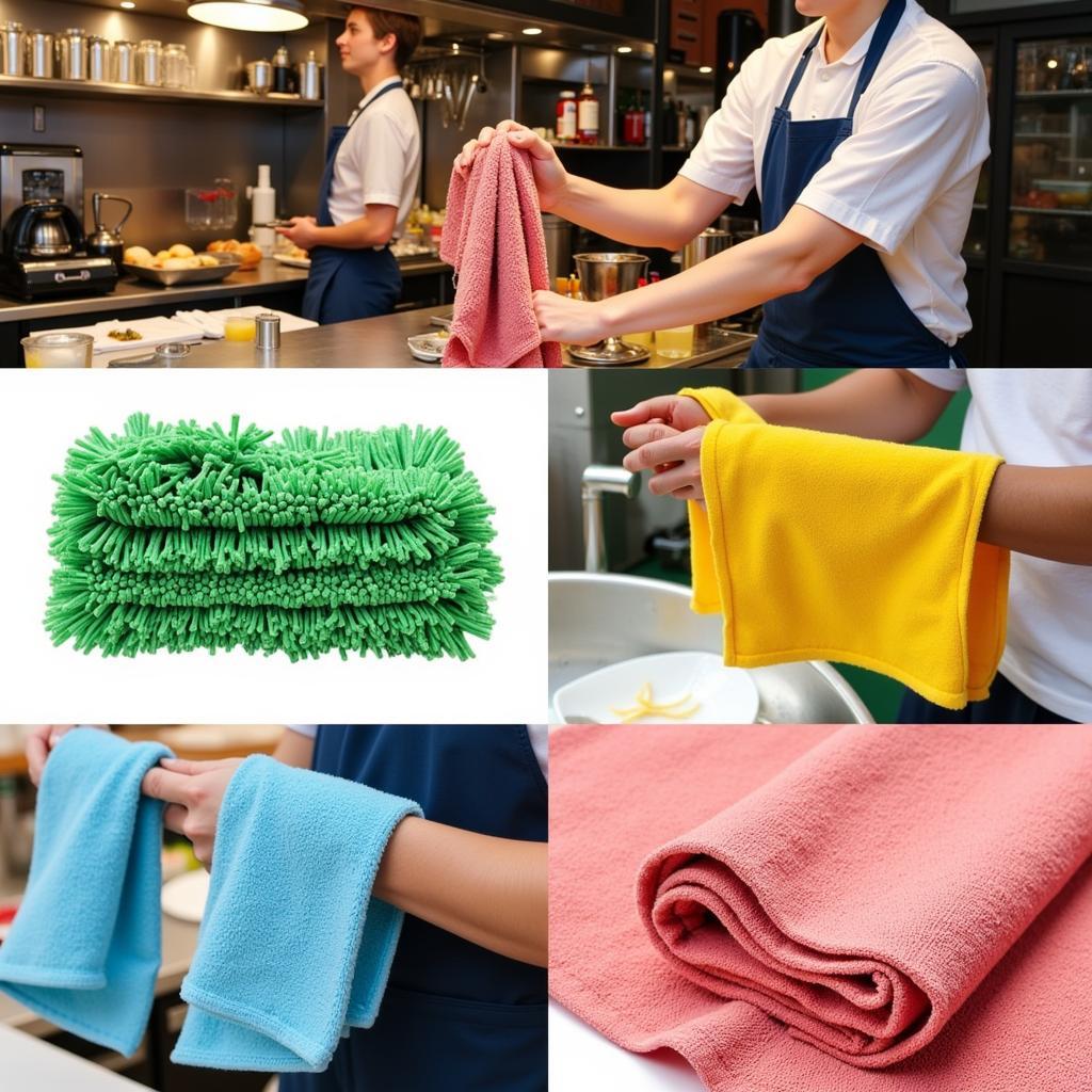 Various food service towels used in a busy restaurant kitchen