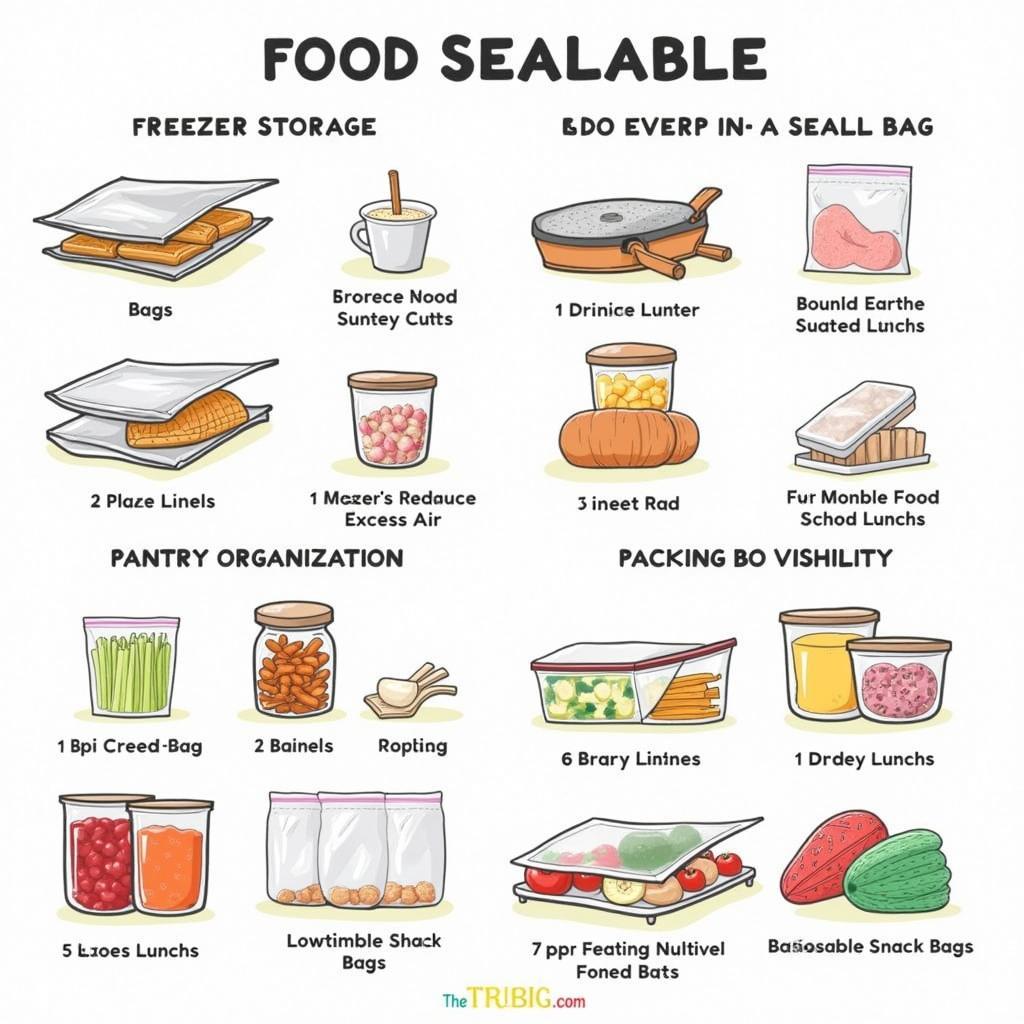 Various food items stored properly in sealable food bags to maintain freshness.