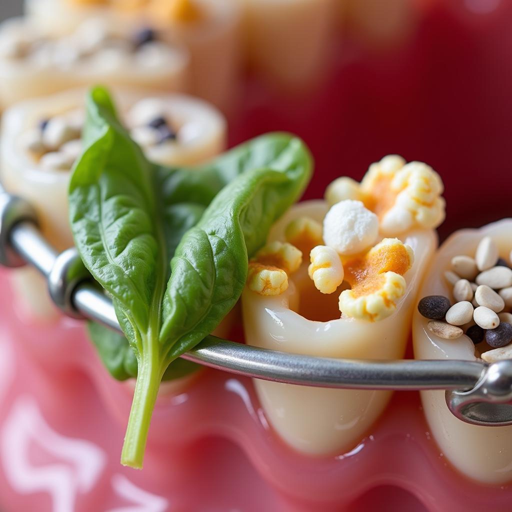 Close-up view of food particles trapped in braces