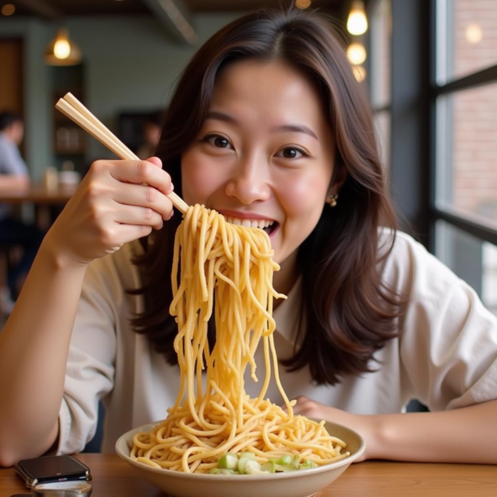 Person enjoying noodles using a sucking motion.