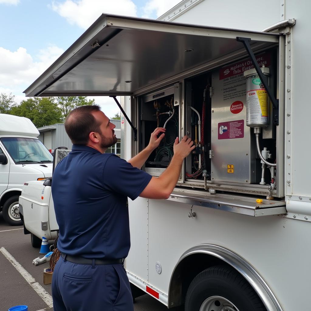 Technician performing maintenance on a food truck AC unit.