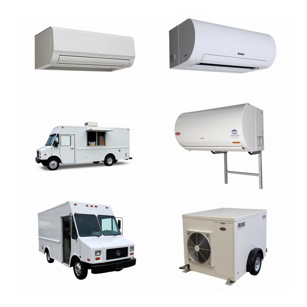 Different types of food truck AC units, including rooftop and under-counter models.