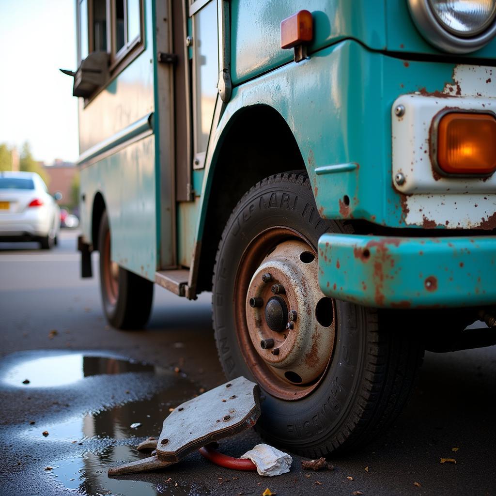 Food Truck Accident Damage: Close-up view of the damage sustained by a food truck after an accident, focusing on the financial and operational implications.