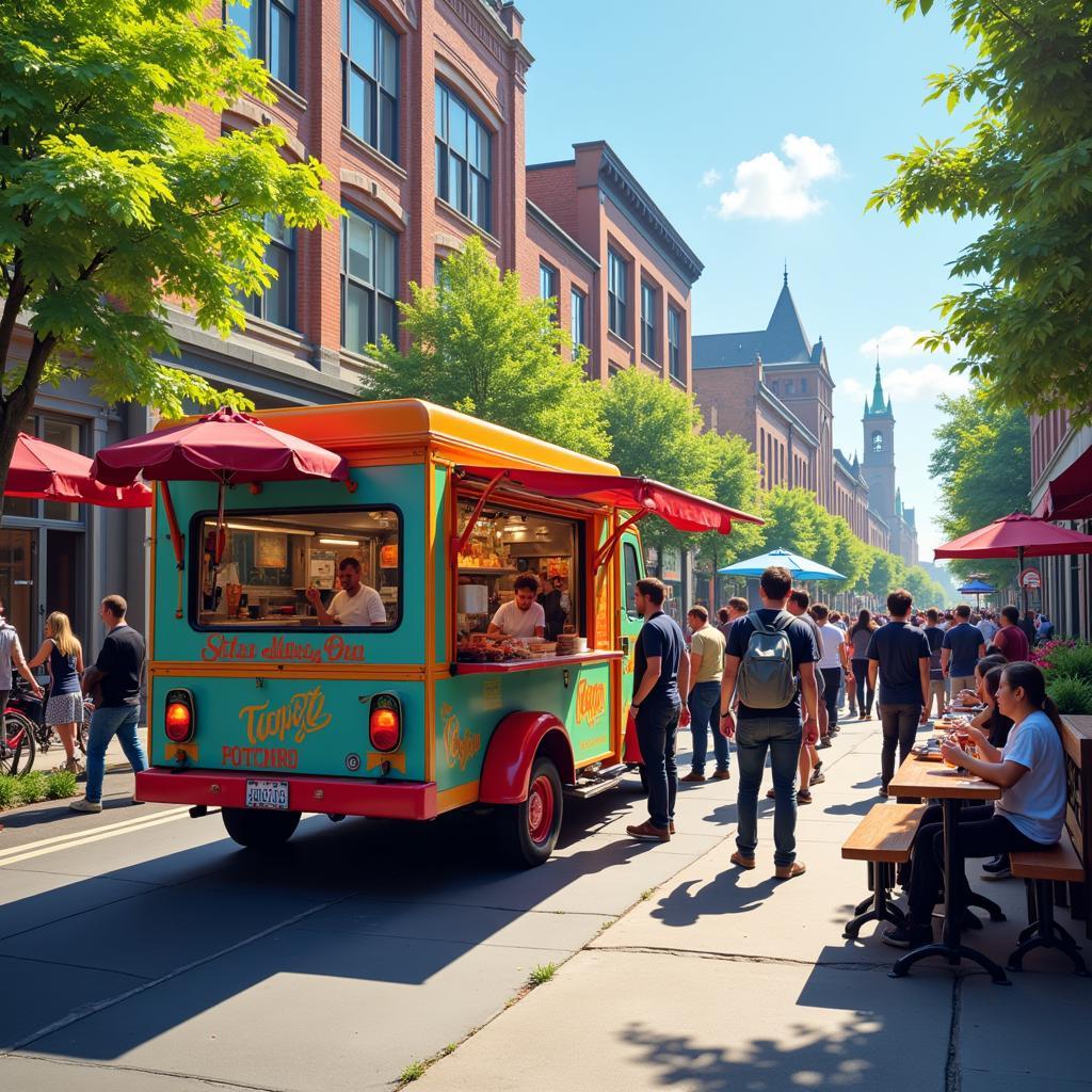 Food truck serving customers on a busy street