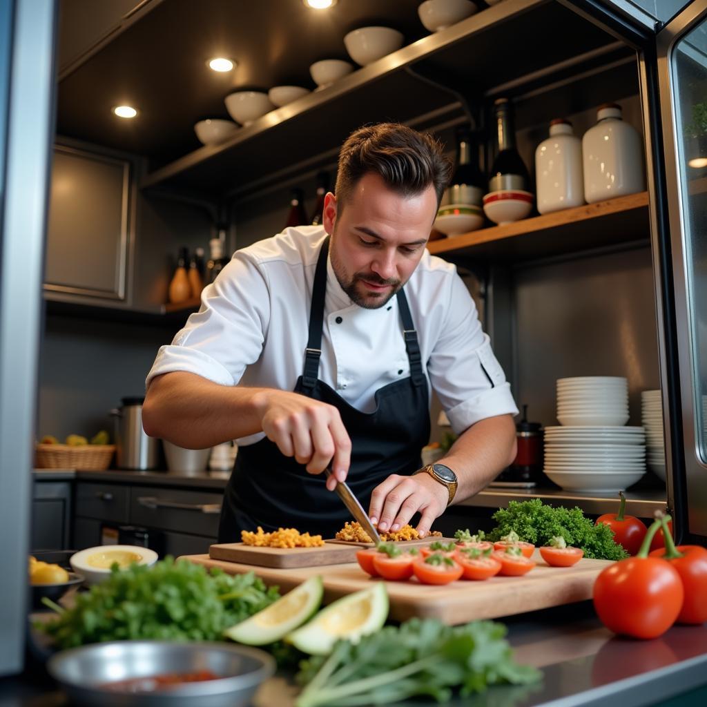 A chef inside a food truck meticulously preparing a meal