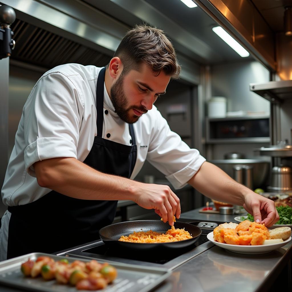 Food truck chef skillfully preparing a meal inside a brightly lit food truck