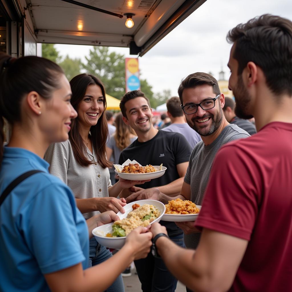 People interacting with food truck vendors, laughing and enjoying the atmosphere.