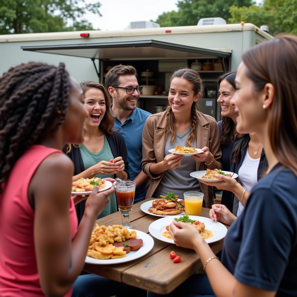 A group of people enjoying their meals from a food truck, highlighting the social and community aspect of the food truck experience.