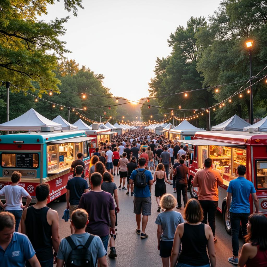 A bustling crowd of people enjoying food and drinks at a food truck festival, with colorful food trucks in the background.