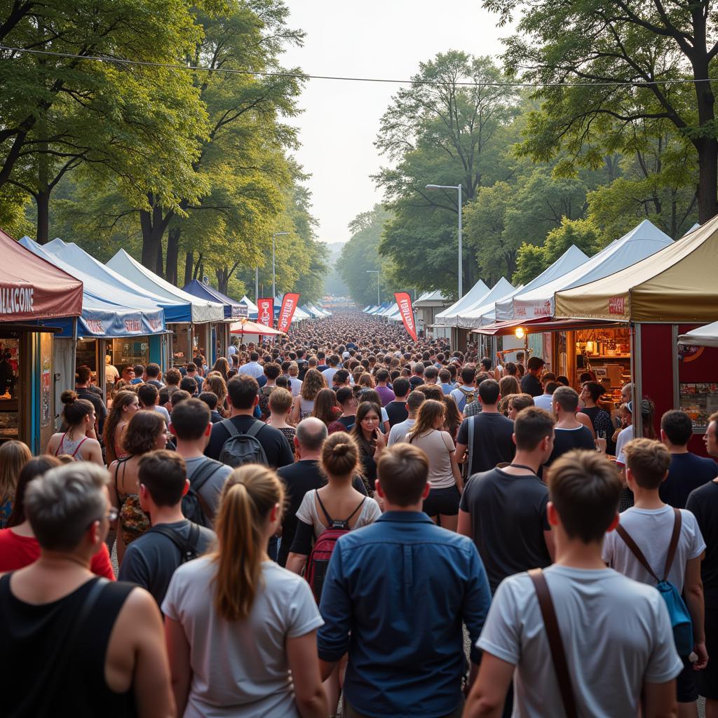 People enjoying the food and atmosphere at a food truck festival.