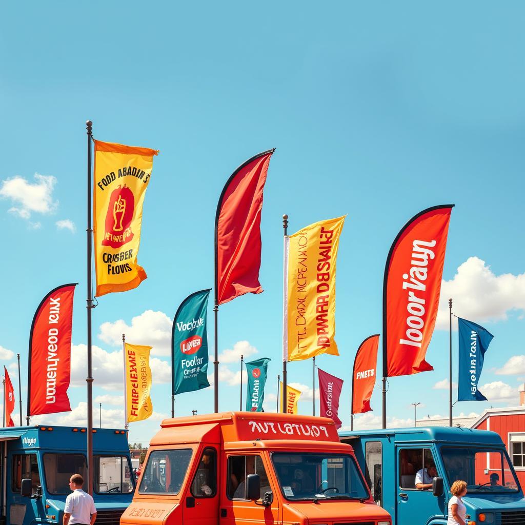 Food truck flags waving in the wind, attracting customers