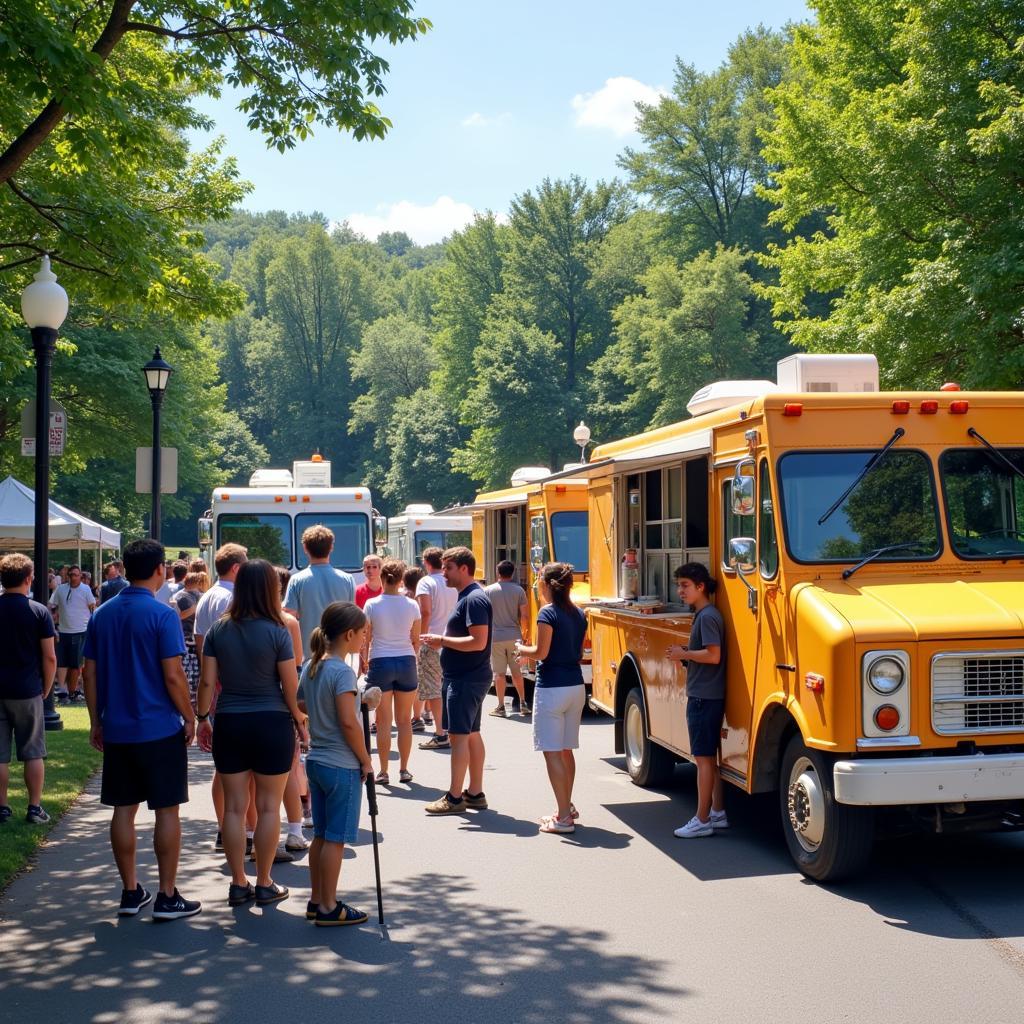 Food trucks lined up on a sunny Friday in Pound Ridge, serving a variety of cuisines to a happy crowd.