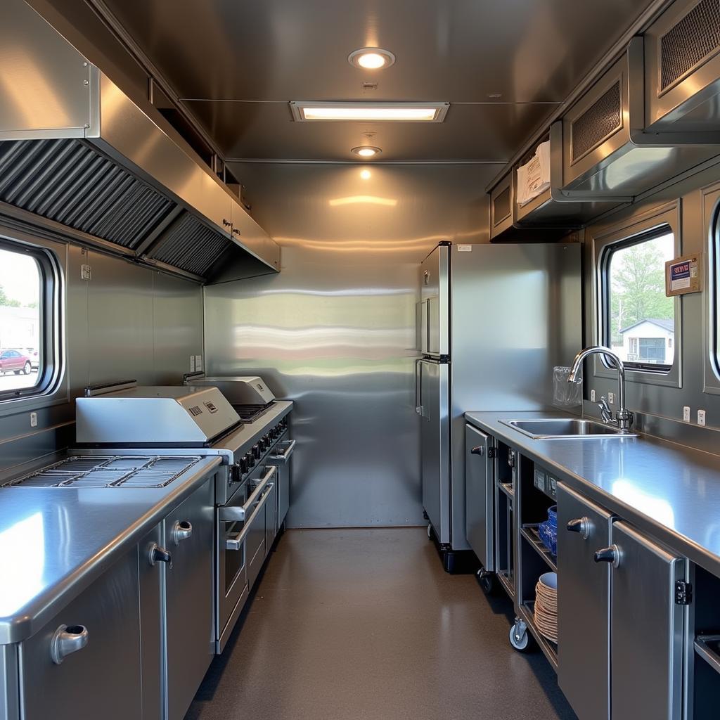 Modern food truck interior equipped with stainless steel appliances and efficient layout.