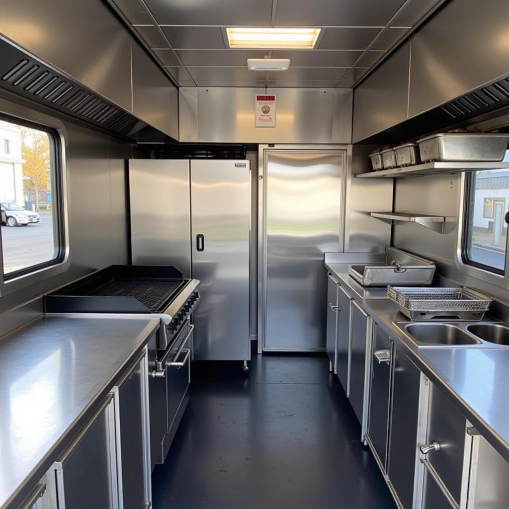 Stainless steel kitchen equipment inside a food truck, including a grill, fryer, and refrigerator.