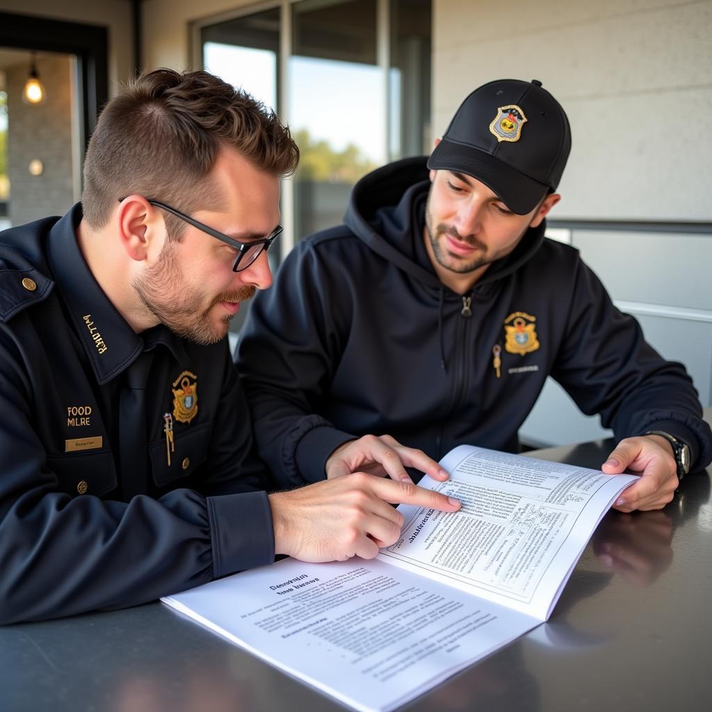 Food truck officer explaining the permitting process to a food truck owner, guiding them through the necessary paperwork and requirements.