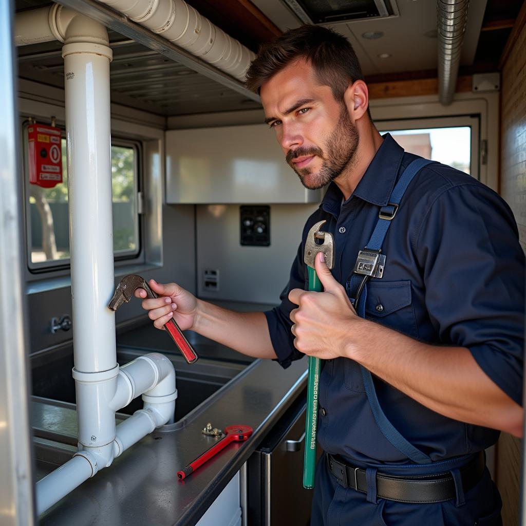 Plumber Fixing Food Truck Pipes