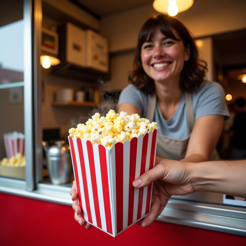 Food truck serving classic buttered popcorn to a happy customer.