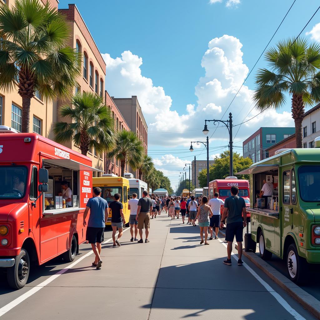 Food Trucks Lining a Wilmington NC Street, Serving Diverse Cuisine