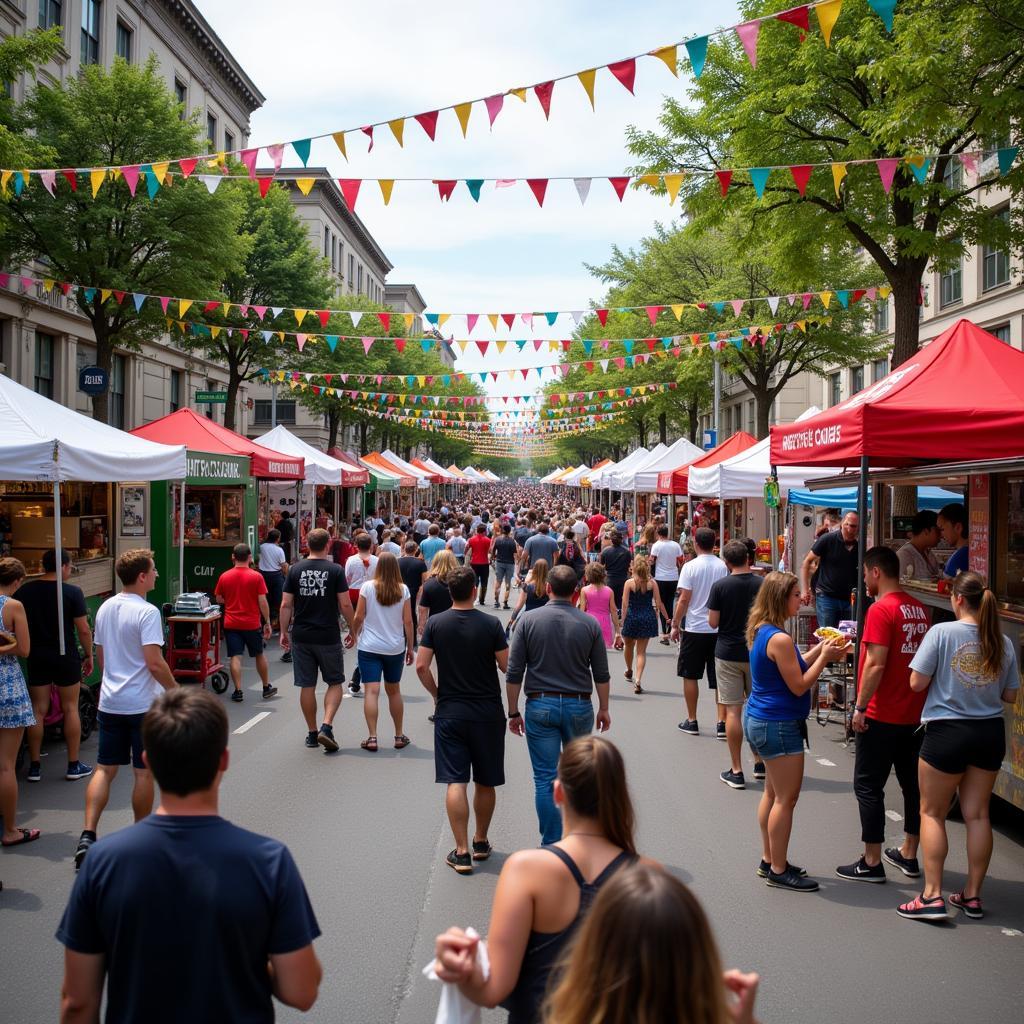 A photo of a food truck festival in Fountain Square, with crowds of people enjoying the food and atmosphere.