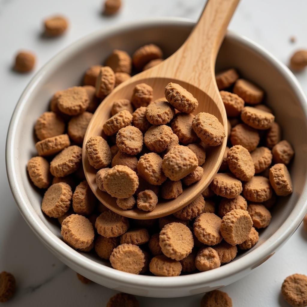 Freeze-dried dog food kibble with grains like rice and barley.