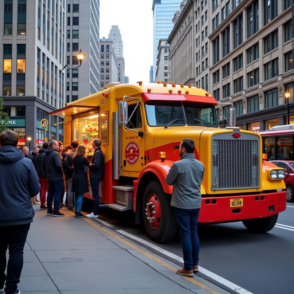 A vibrant freightliner food truck parked on a bustling city street, serving customers