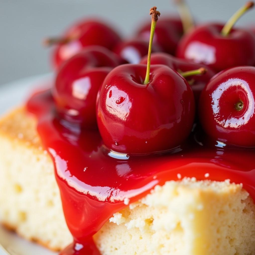 Fresh cherries adorning a slice of angel food cake.