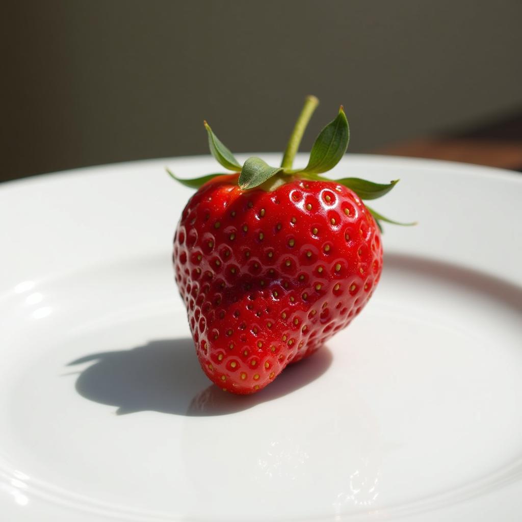 A vibrant red strawberry sits on a plate, inspiring a haiku about its freshness and sweetness.