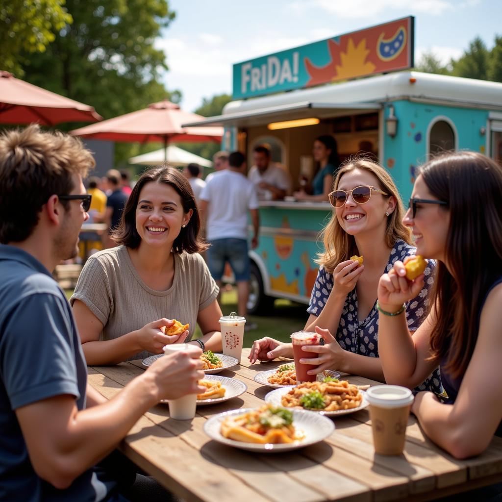 People enjoying food from a Frida food truck in an outdoor setting