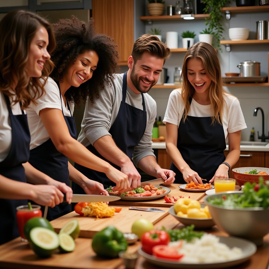 Friends preparing a meal together in a kitchen