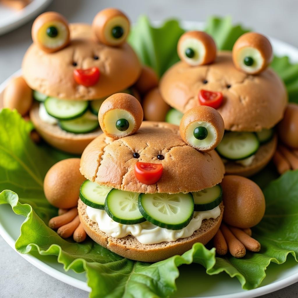 Frog-shaped sandwiches with cucumber eyes and a tomato smile.