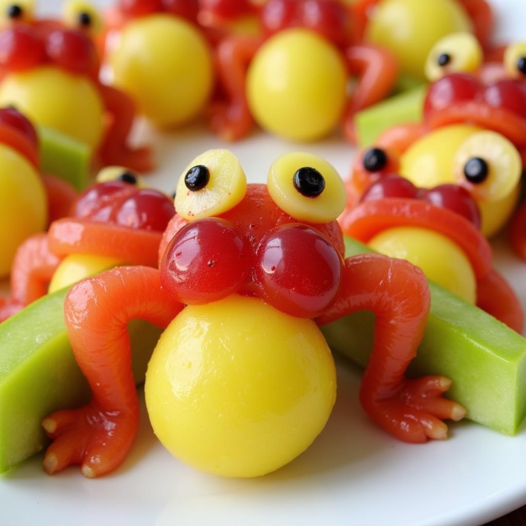 Froggy fruit skewers with melon and grapes