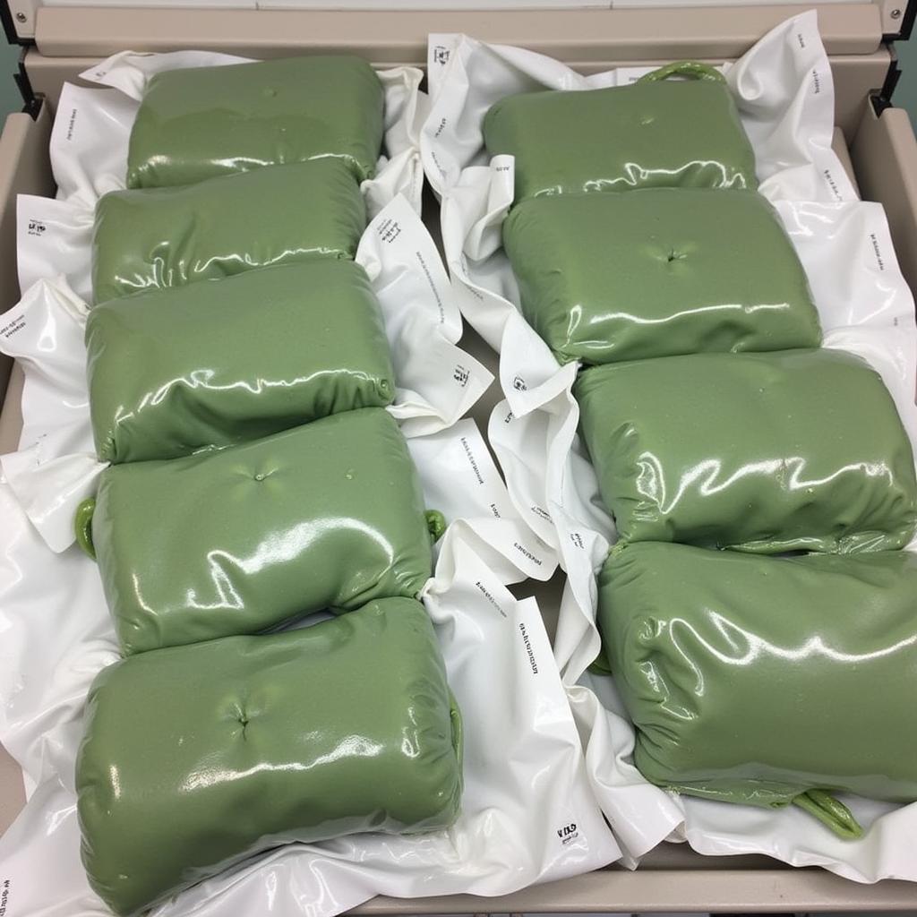 Frozen raw green tripe packages ready for storage