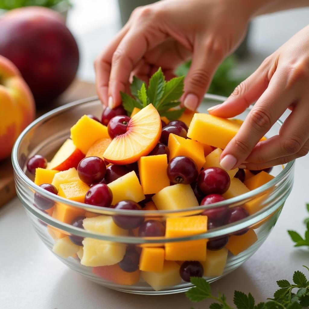 Mixing fresh fruit for a homemade fruit cocktail topping in a glass bowl.