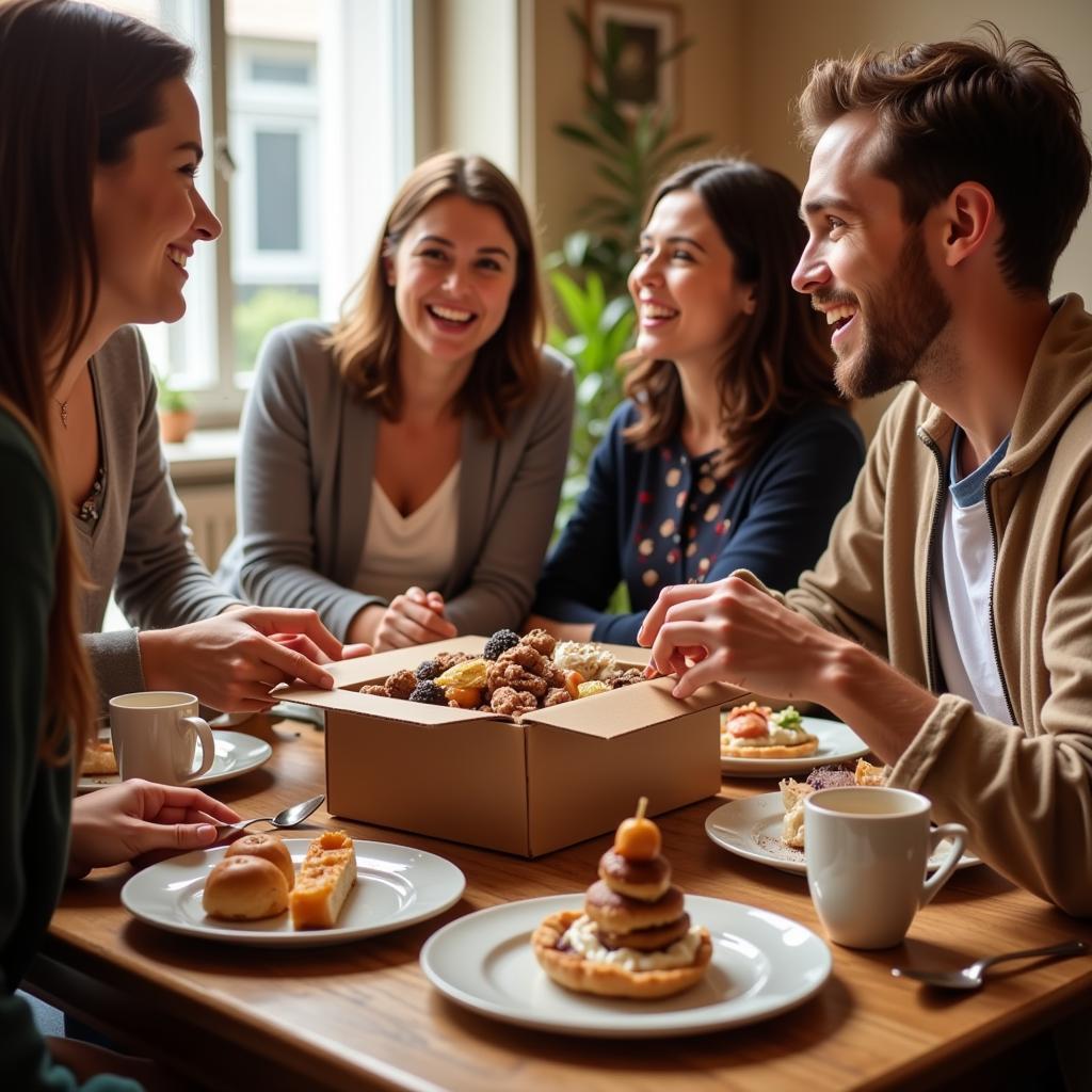 Recipients enjoying the contents of a German food gift box