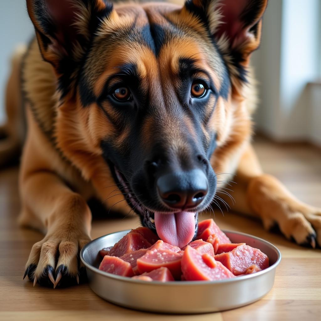 German Shepherd Eating Raw Food