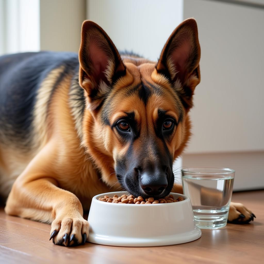 A German Shepherd enjoying a meal of dog food formulated for sensitive stomachs, alongside a bowl of fresh water.