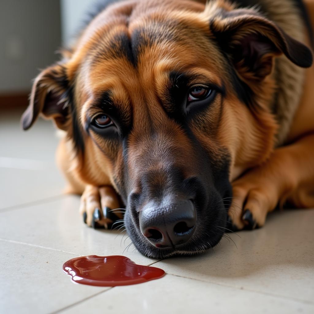 German Shepherd showing signs of a sensitive stomach, such as vomiting and diarrhea.