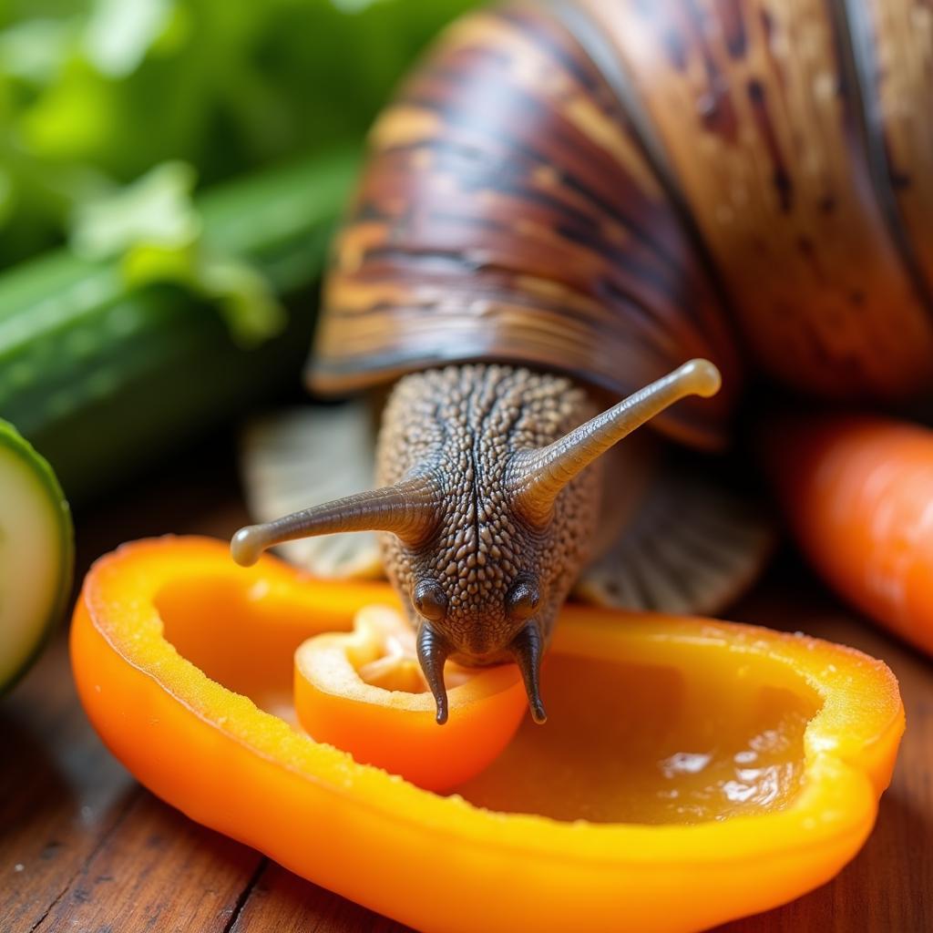 Giant African land snail enjoying a variety of fresh vegetables.