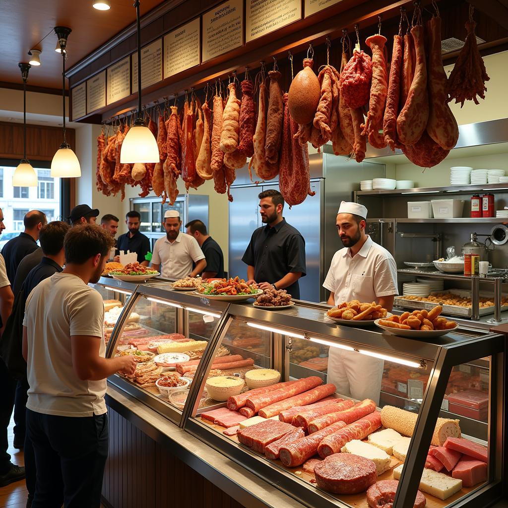 A bustling deli counter in Glasgow stocked with kosher meats and cheeses.