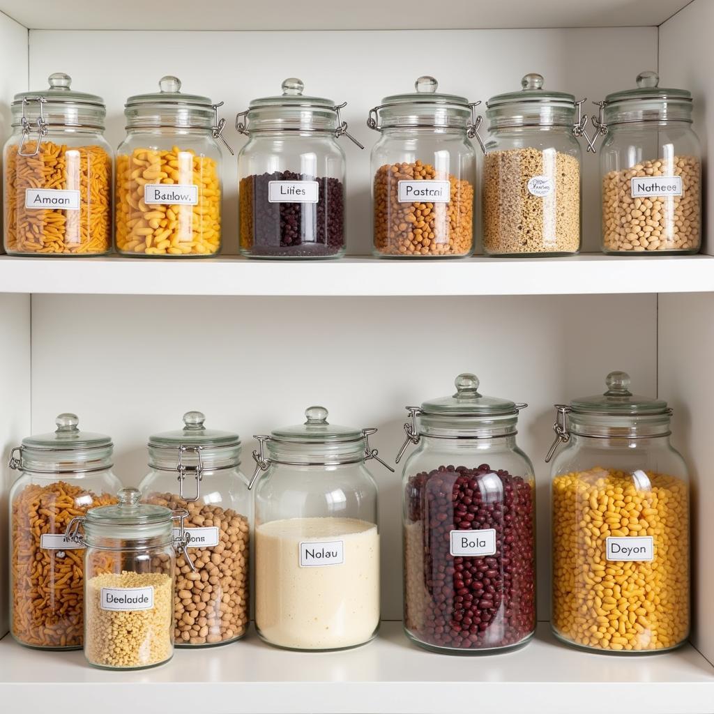 Glass food storage jars neatly organized in a pantry