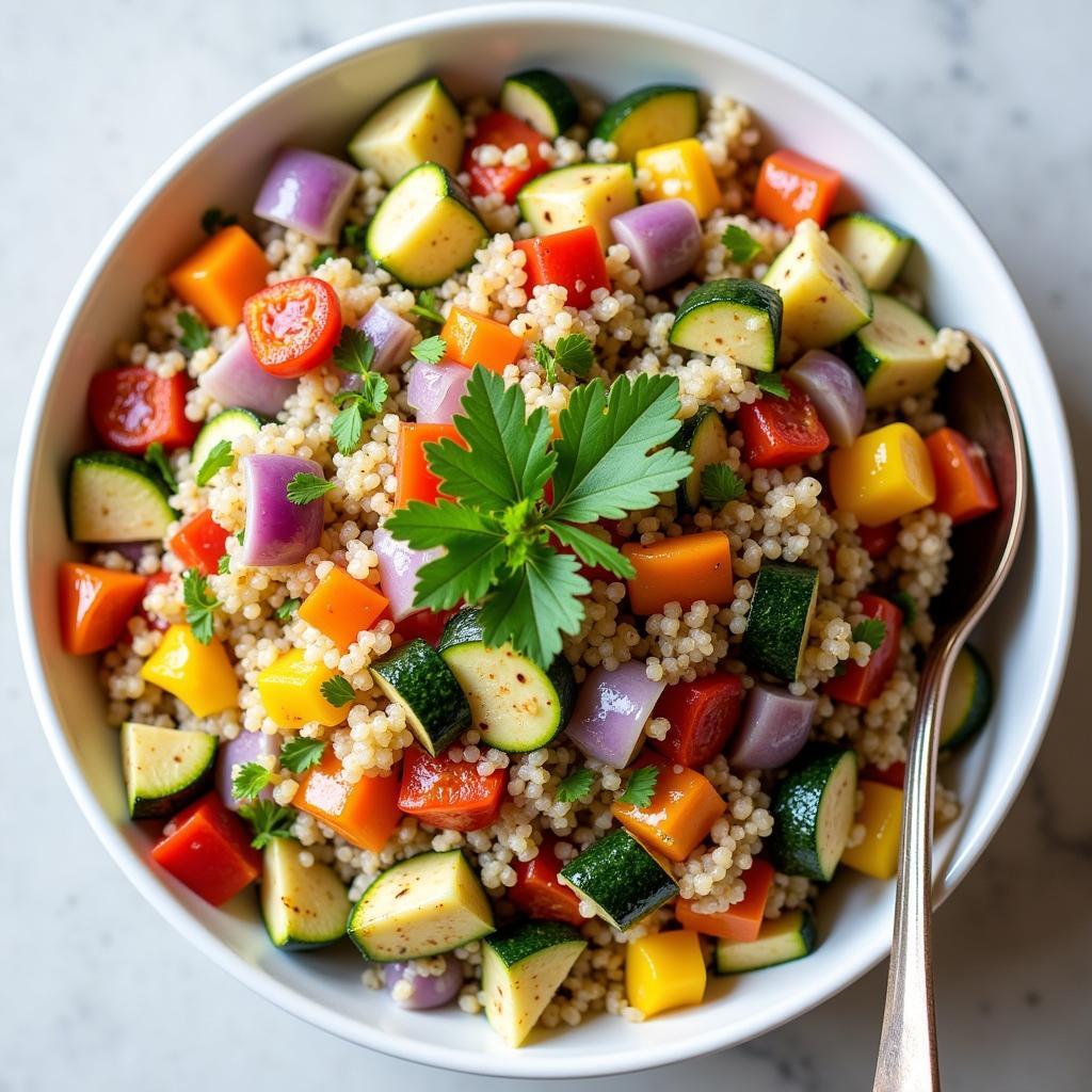 A close-up of a gluten-free vegan quinoa salad with roasted vegetables and herbs.