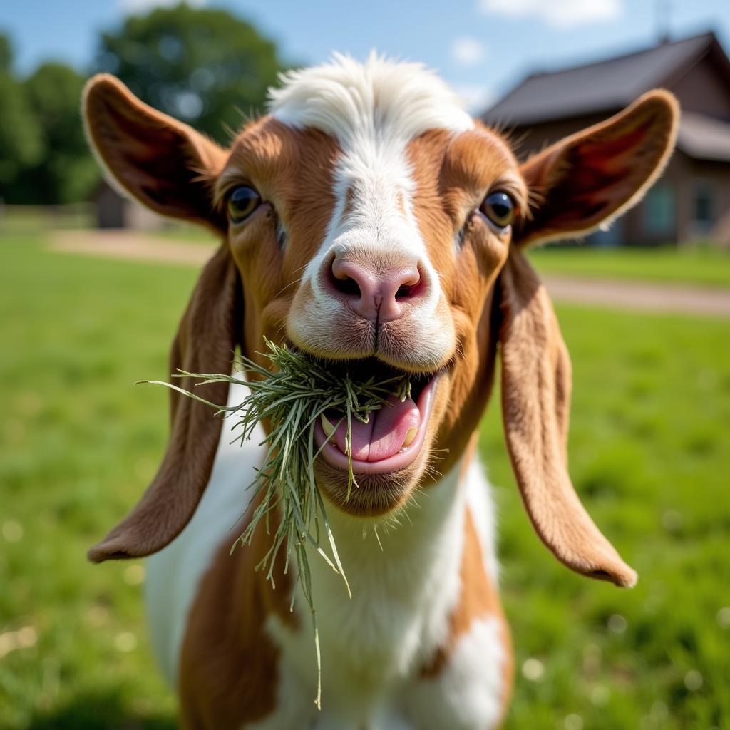 Goat Eating Hay in a Field