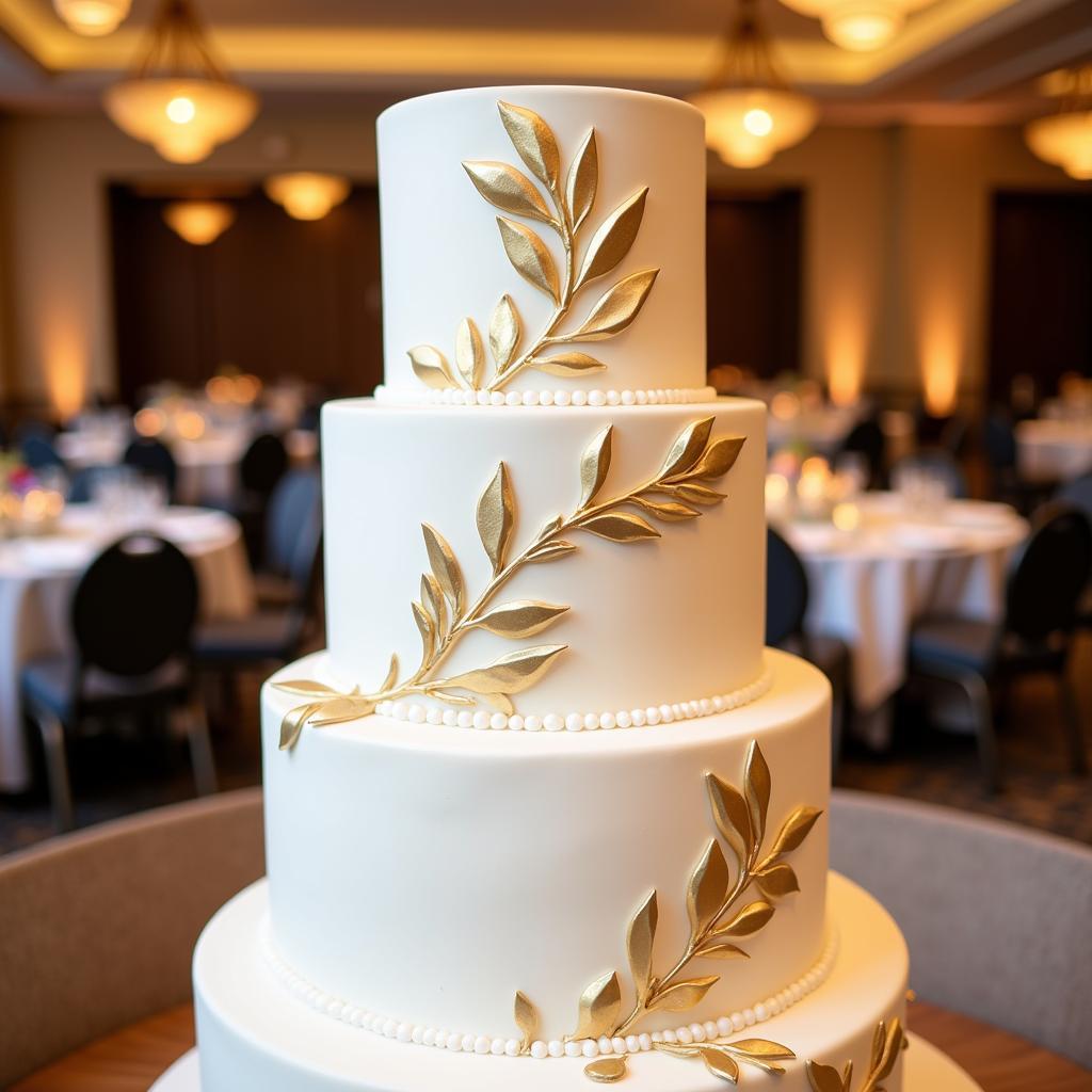 A stunning wedding cake decorated with gold food paint.