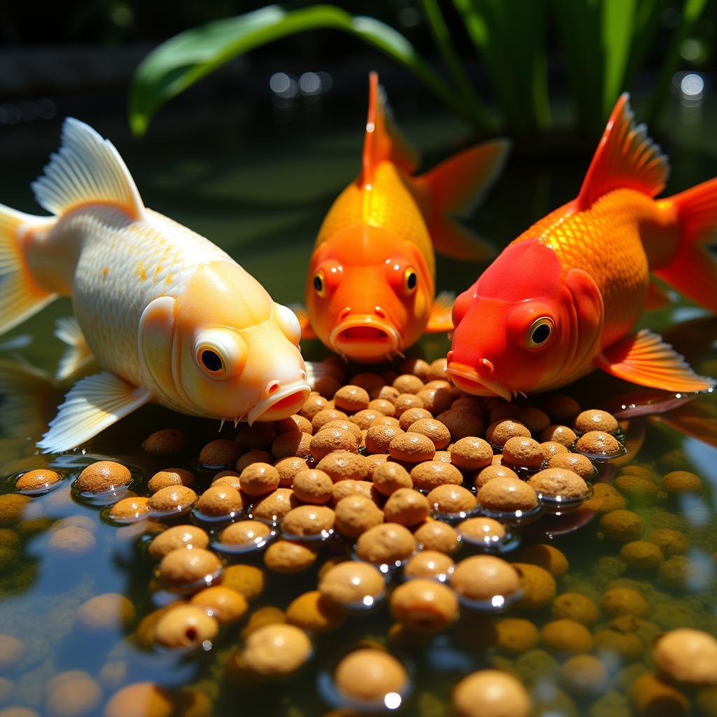 Goldfish eagerly consuming food in a pond