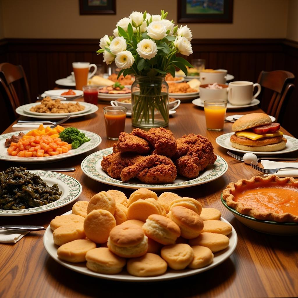 A depiction of a lavish Southern feast with fried chicken, biscuits, collard greens, and sweet potato pie.