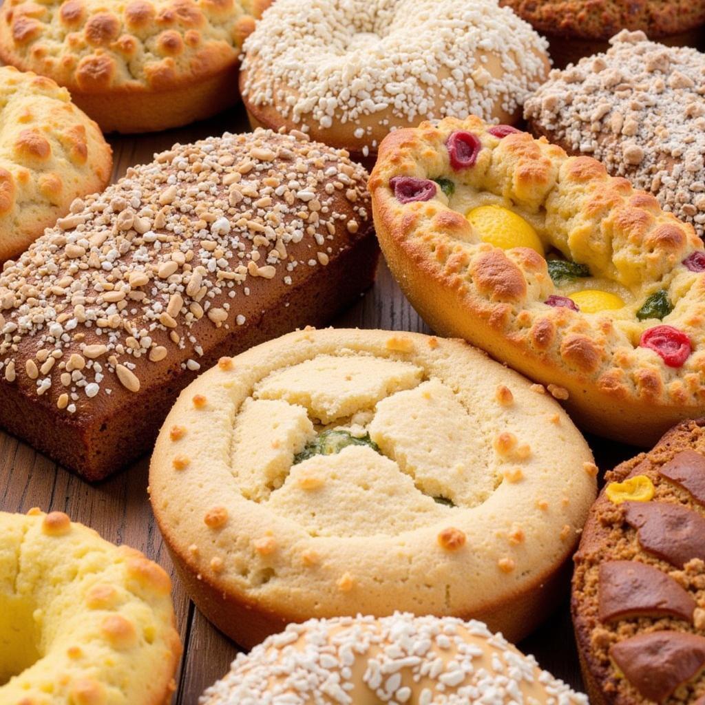 A display of freshly baked goods made with Gordon Food Service flour, including bread, cakes, pastries, and cookies.