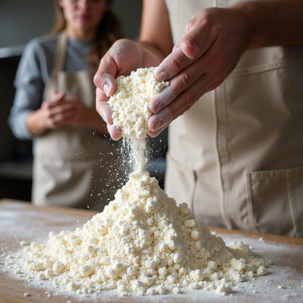 A close-up shot of flour being sifted through a fine mesh sieve.